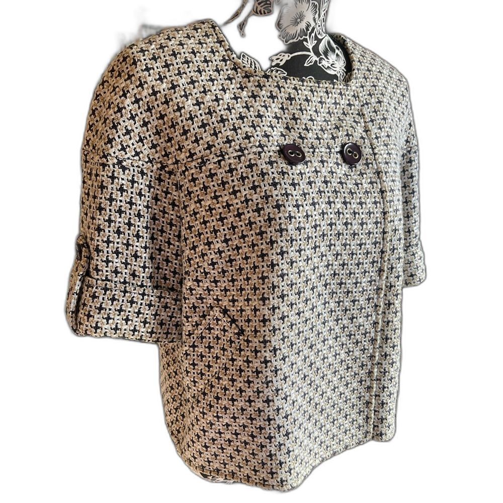 Ellen Tracy Cotton Blend Black/White/Tan Short Sleeve Silk Lined Blazer Size 6